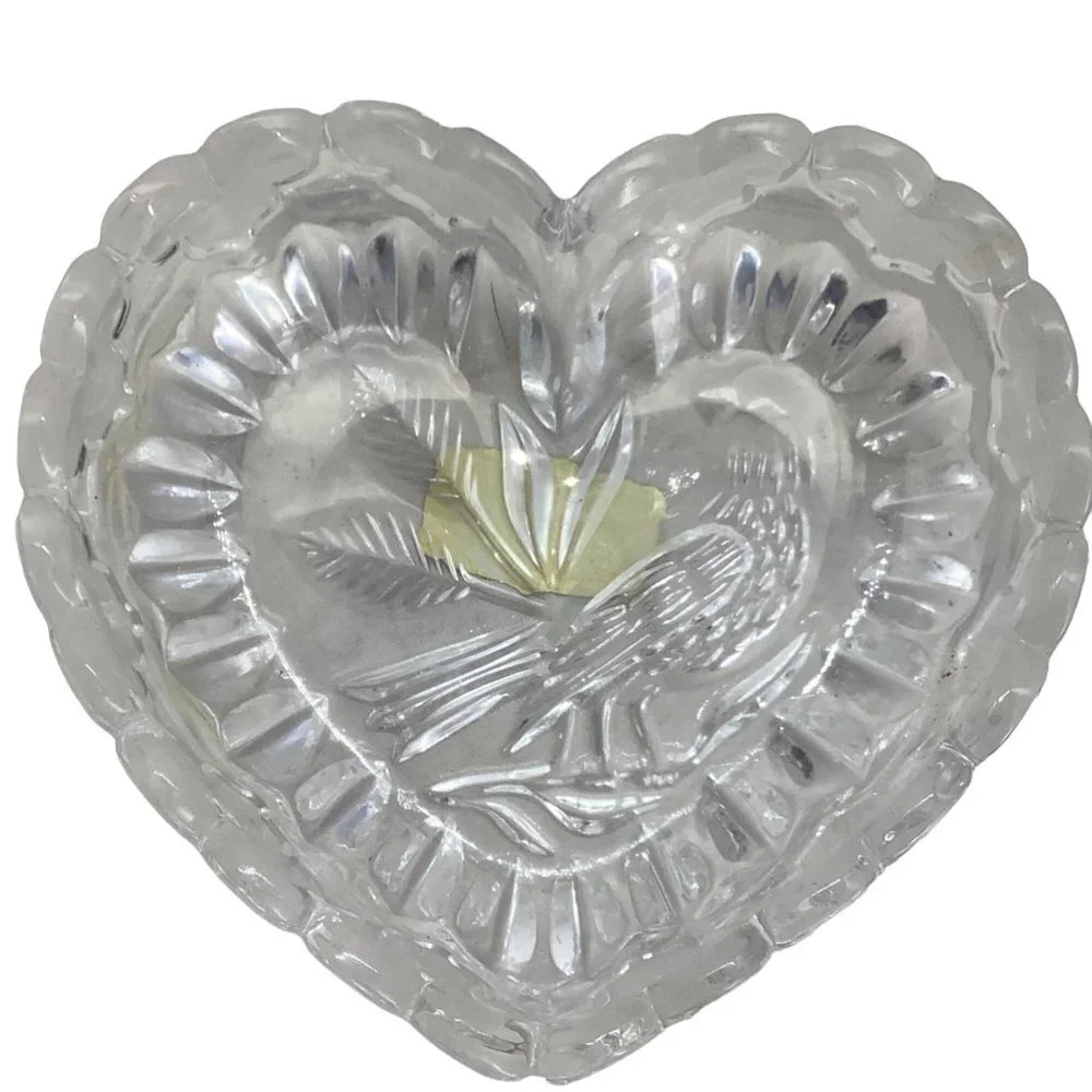 Vtg ECHT BLEIKRISTALL Lead Crystal Heart Shape‎ Bird Etched Candy Dish Germany